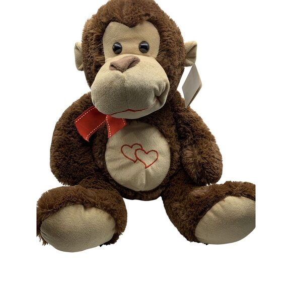 Cuddly Brown Monkey Plush Toy With Red Bow & Heart Embroidery - Ideal For Hugs - Picture 1 of 8